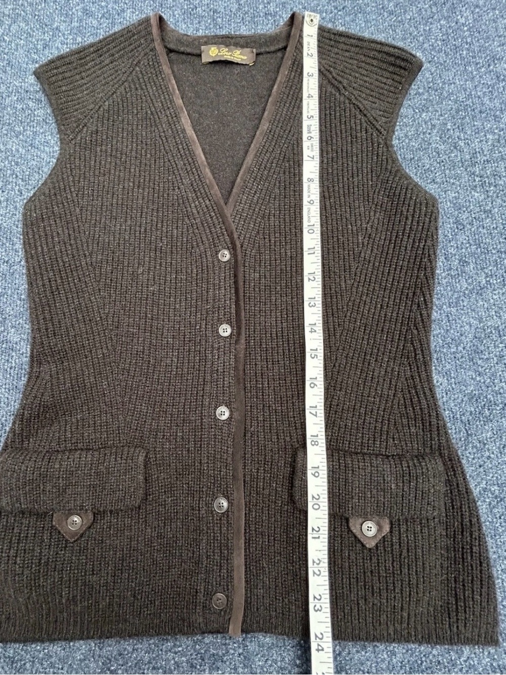 Loro Piana Dark Brown 100% Cashmere & Suede Trim Button-Front Sweater Vest - Picture 15 of 16